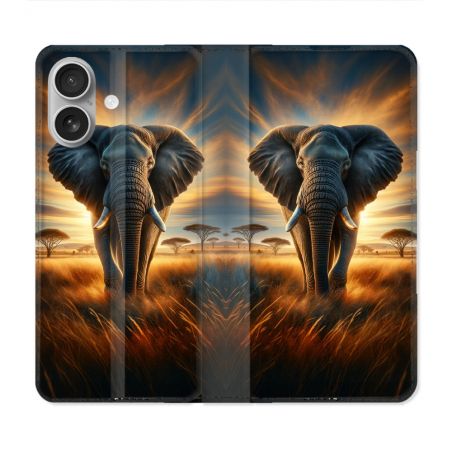 Housse Cuir Portefeuille Pour Iphone 16 Animal Elephant Savane