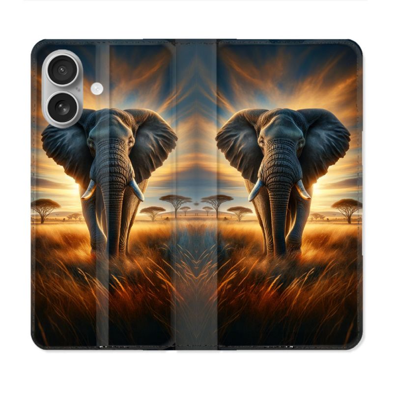 Housse Cuir Portefeuille Pour Iphone 16 Animal Elephant Savane