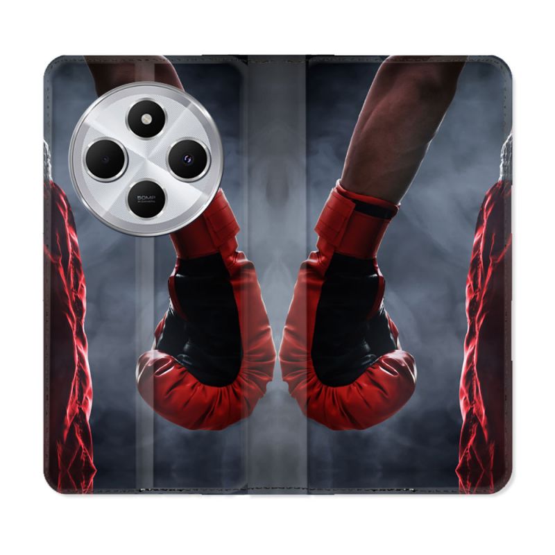 Housse Cuir Portefeuille Pour Xiaomi Redmi 14C 4G Sport Boxe Gant Rouge
