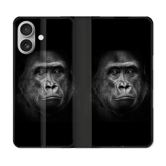 Housse Cuir Portefeuille Pour Iphone 16 Animal Gorille Noir