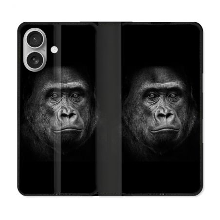 Housse Cuir Portefeuille Pour Iphone 16 Animal Gorille Noir