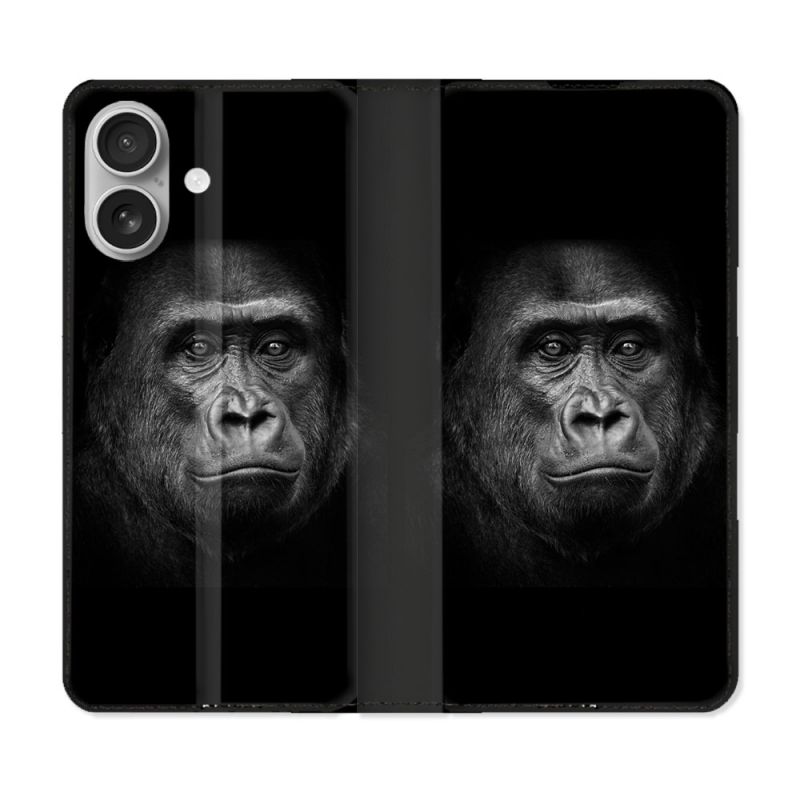 Housse Cuir Portefeuille Pour Iphone 16 Animal Gorille Noir