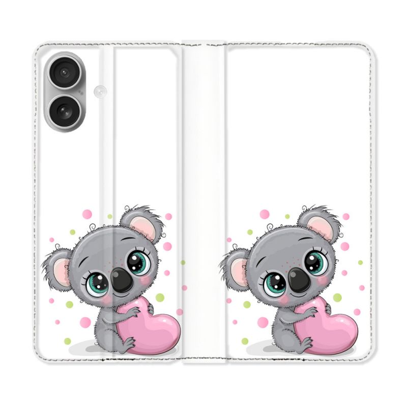 Housse Cuir Portefeuille Pour Iphone 16 Animal Koala Cœur