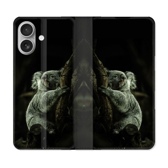 Housse Cuir Portefeuille Pour Iphone 16 Animal Koala Noir