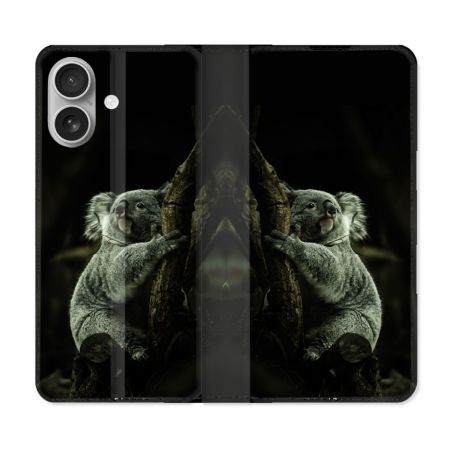 Housse Cuir Portefeuille Pour Iphone 16 Animal Koala Noir