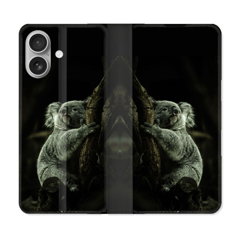 Housse Cuir Portefeuille Pour Iphone 16 Animal Koala Noir