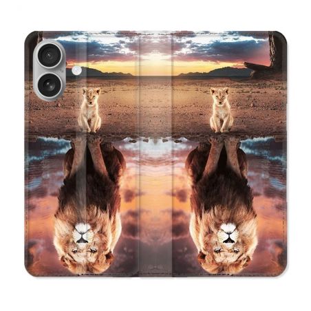 Housse Cuir Portefeuille Pour Iphone 16 Animal Lion Reflet