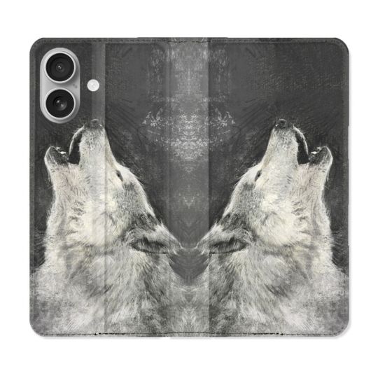 Housse Cuir Portefeuille Pour Iphone 16 Animal Loup Hurlement