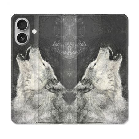 Housse Cuir Portefeuille Pour Iphone 16 Animal Loup Hurlement