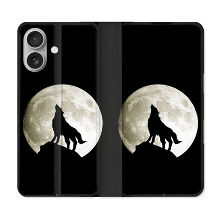 Housse Cuir Portefeuille Pour Iphone 16 Animal Loup Noir