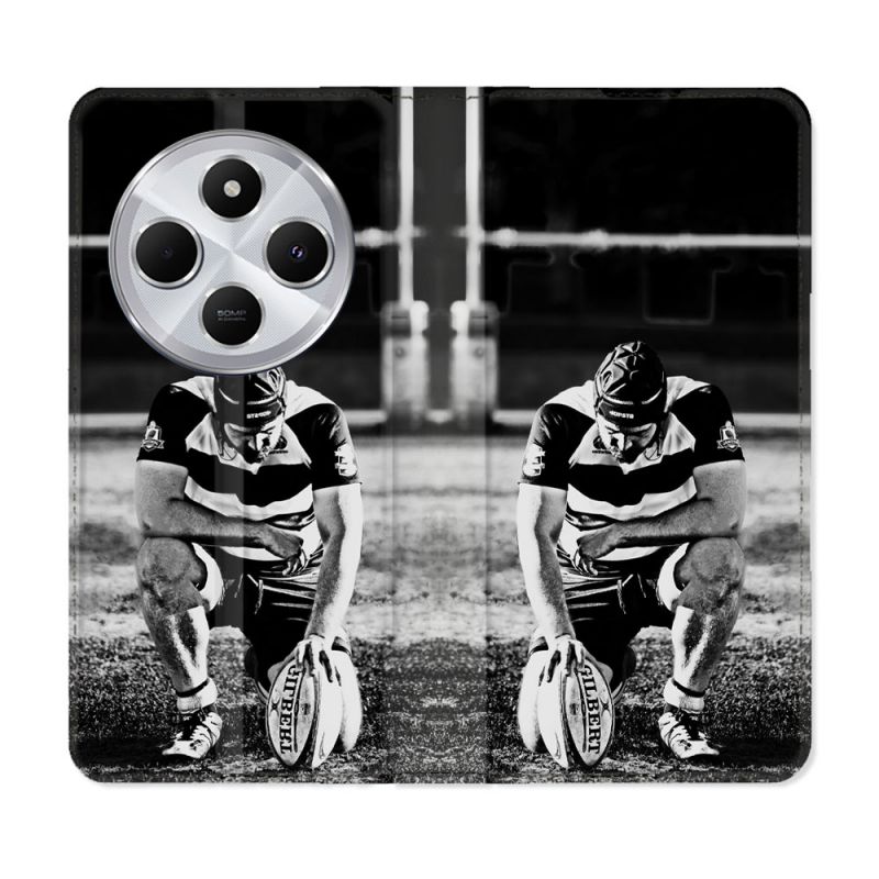 Housse Cuir Portefeuille Pour Xiaomi Redmi 14C 4G Sport Rugby Noir Blanc