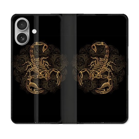 Housse Cuir Portefeuille Pour Iphone 16 Animal Scorpion Fresque