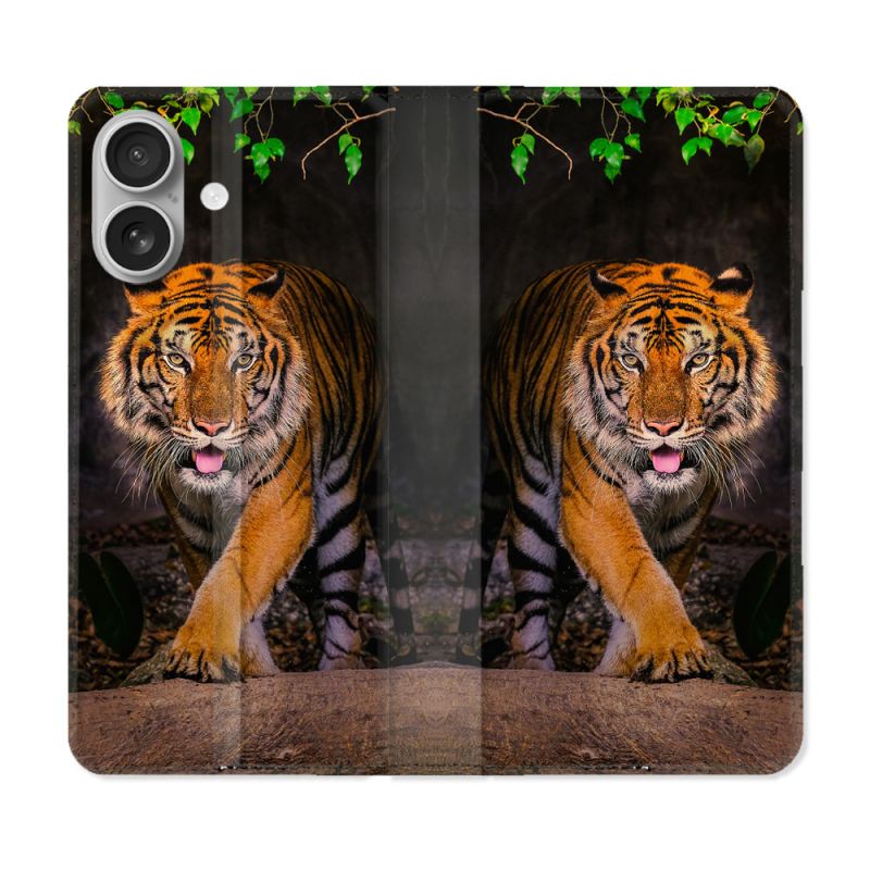 Housse Cuir Portefeuille Pour Iphone 16 Animal Tigre Jungle