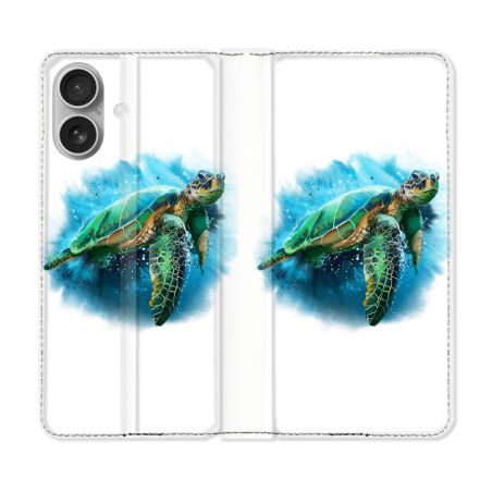 Housse Cuir Portefeuille Pour Iphone 16 Animal Tortue Blanche multicolore