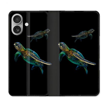 Housse Cuir Portefeuille Pour Iphone 16 Animal Tortue Noire multicolore