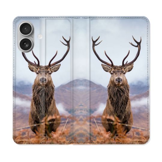 Housse Cuir Portefeuille Pour Iphone 16 Chasse Chevreuil Montagne