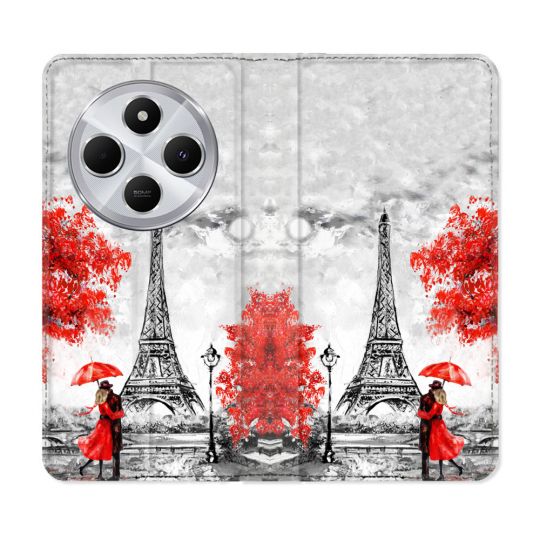 Housse Cuir Portefeuille Pour Xiaomi Redmi 14C 4G Voyage France Paris Rouge