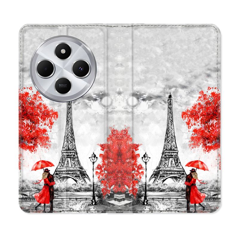 Housse Cuir Portefeuille Pour Xiaomi Redmi 14C 4G Voyage France Paris Rouge