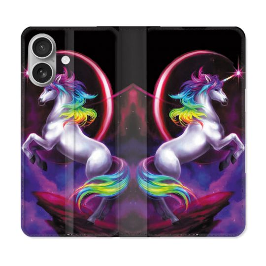 Housse Cuir Portefeuille Pour Iphone 16 Fantastique Licorne Arc en ciel
