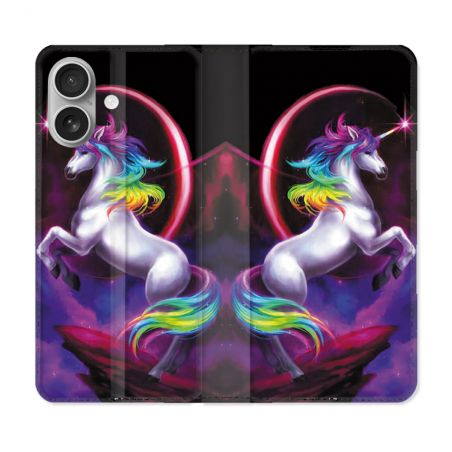 Housse Cuir Portefeuille Pour Iphone 16 Fantastique Licorne Arc en ciel