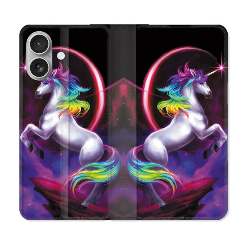 Housse Cuir Portefeuille Pour Iphone 16 Fantastique Licorne Arc en ciel