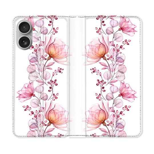 Housse Cuir Portefeuille Pour Iphone 16 Fleur Eclosion
