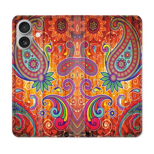 Housse Cuir Portefeuille Pour Iphone 16 Fleur Psychedelic