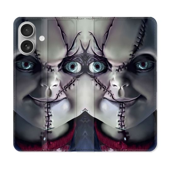 Housse Cuir Portefeuille Pour Iphone 16 Horreur Chucky Cicatrice