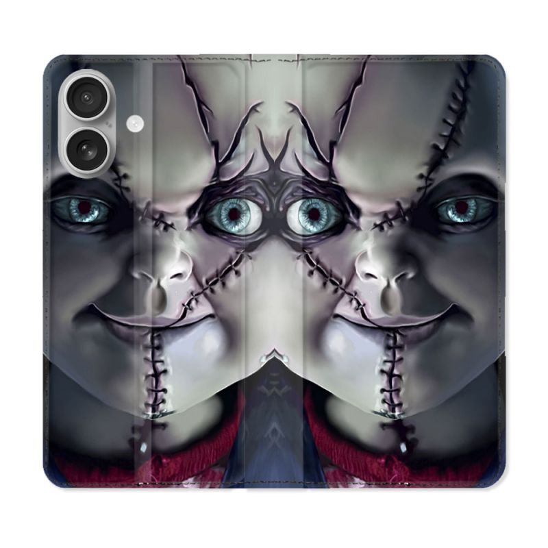 Housse Cuir Portefeuille Pour Iphone 16 Horreur Chucky Cicatrice