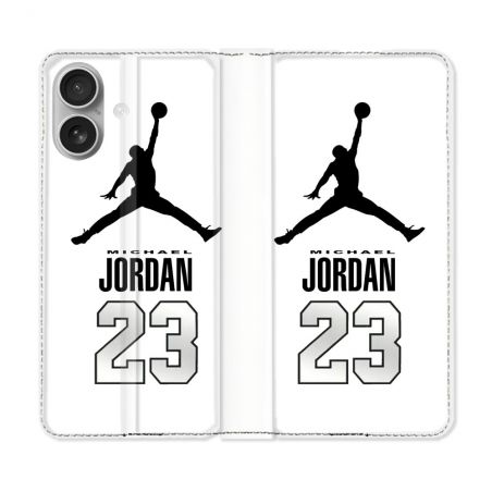 Housse Cuir Portefeuille Pour Iphone 16 Jordan 23 Blanc