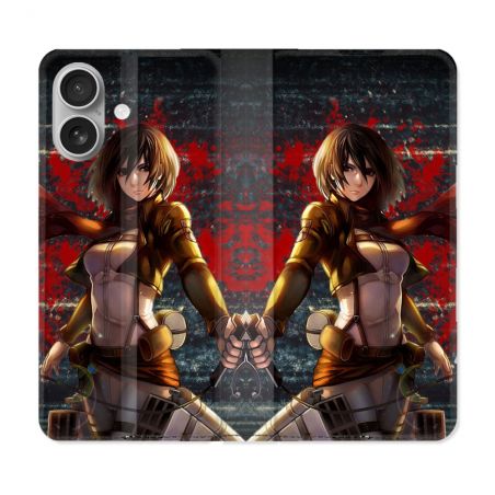 Housse Cuir Portefeuille Pour Iphone 16 Manga Attaque Titans Mikasa