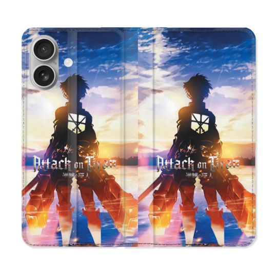 Housse Cuir Portefeuille Pour Iphone 16 Manga Attaque Titans Soleil