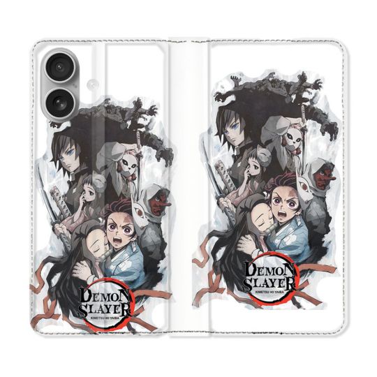 Housse Cuir Portefeuille Pour Iphone 16 Manga Demon Slayer Blanc