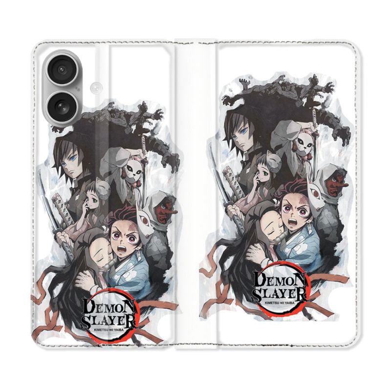 Housse Cuir Portefeuille Pour Iphone 16 Manga Demon Slayer Blanc