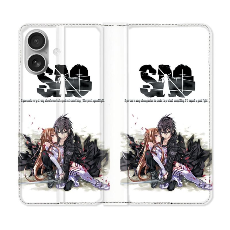 Housse Cuir Portefeuille Pour Iphone 16 Manga SAO sword Art Online Blanc