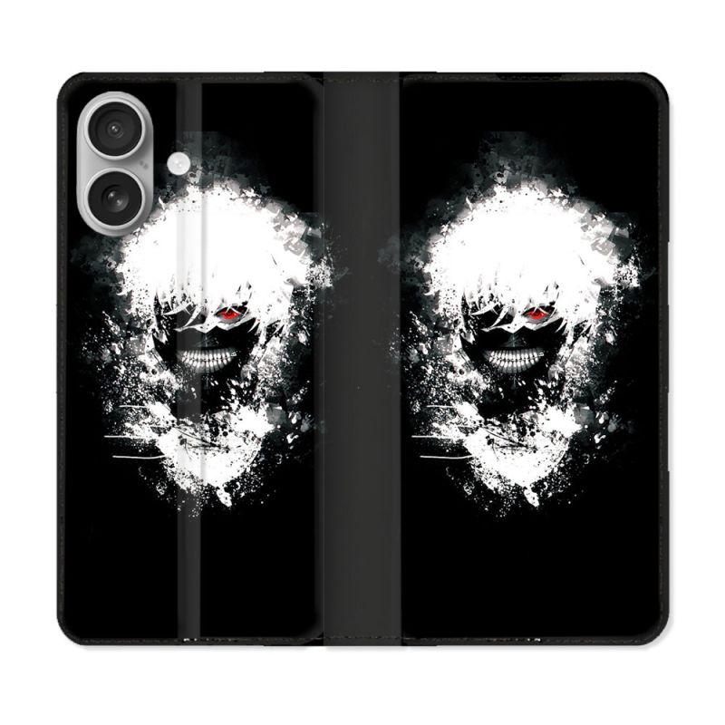 Housse Cuir Portefeuille Pour Iphone 16 Manga Tokyo Ghoul Kaneki Tag