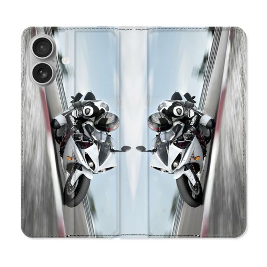 Housse Cuir Portefeuille Pour Iphone 16 Moto Course GP Blanche