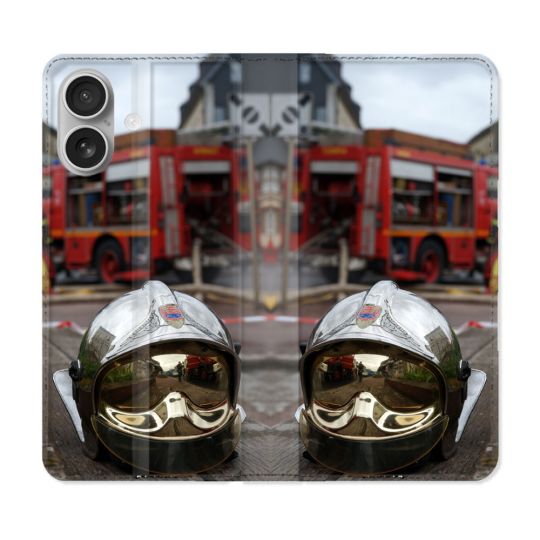 Housse Cuir Portefeuille Pour Iphone 16 Pompier Casque Camion