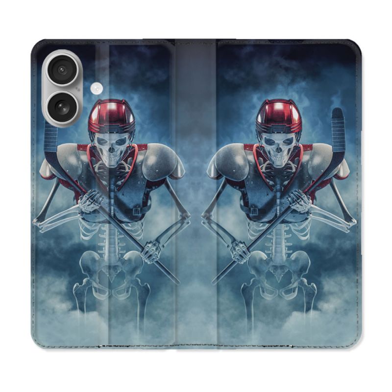 Housse Cuir Portefeuille Pour Iphone 16 Sport Hockey Squelette