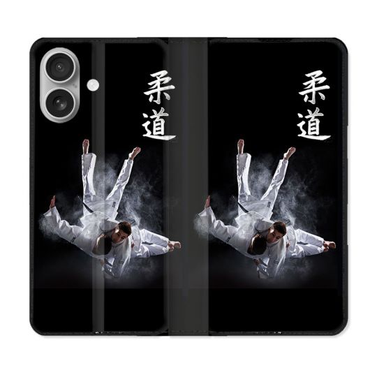 Housse Cuir Portefeuille Pour Iphone 16 Sport Judo Noir
