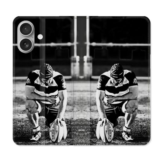 Housse Cuir Portefeuille Pour Iphone 16 Sport Rugby Noir Blanc
