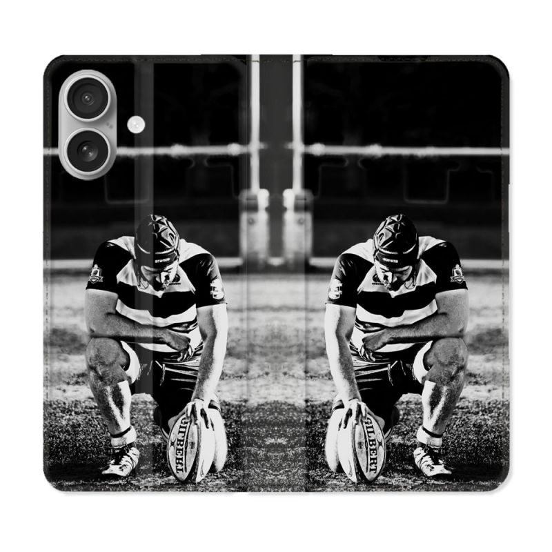 Housse Cuir Portefeuille Pour Iphone 16 Sport Rugby Noir Blanc