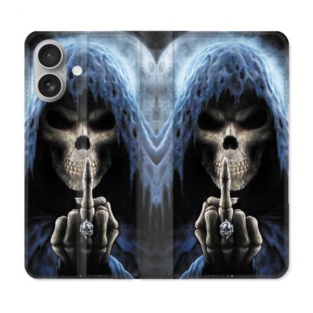 Housse Cuir Portefeuille Pour Iphone 16 Tete de Mort Doigt