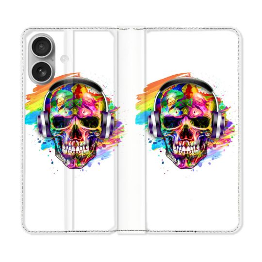 Housse Cuir Portefeuille Pour Iphone 16 Tete de Mort Tag