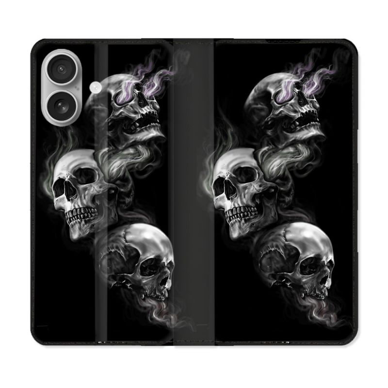 Housse Cuir Portefeuille Pour Iphone 16 Tete de Mort Triple