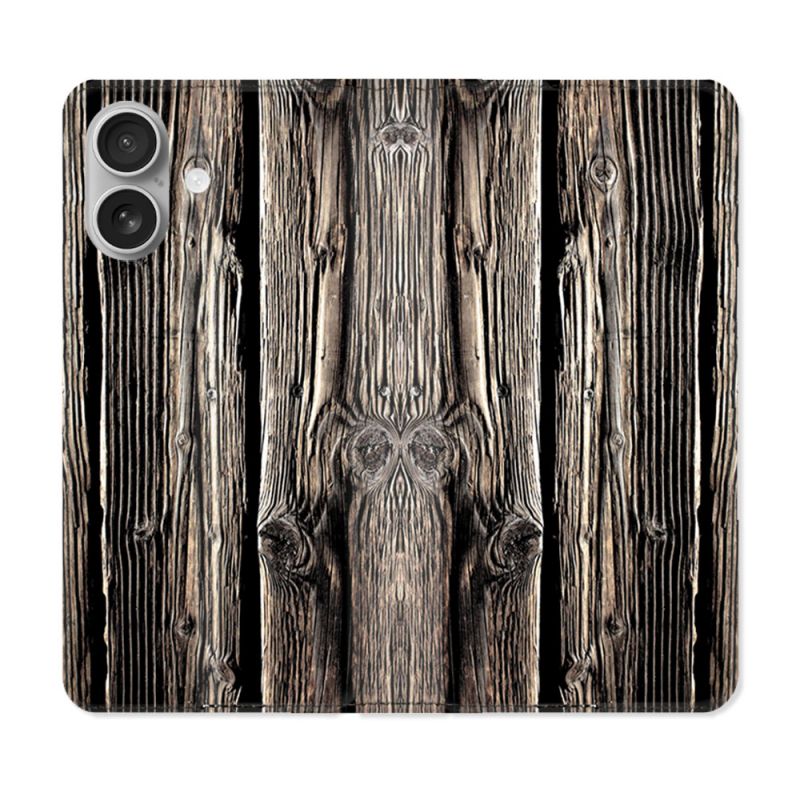 Housse Cuir Portefeuille Pour Iphone 16 Texture Bois