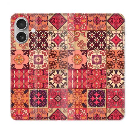 Housse Cuir Portefeuille Pour Iphone 16 Texture Carreau Ciment Rouge