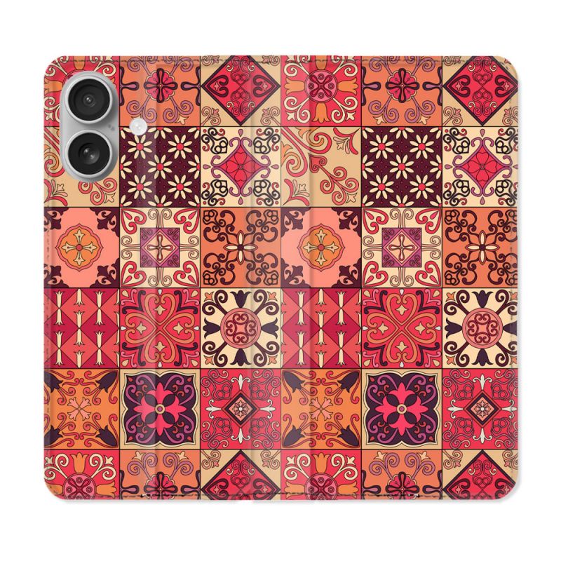 Housse Cuir Portefeuille Pour Iphone 16 Texture Carreau Ciment Rouge