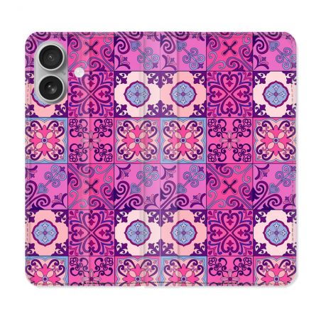 Housse Cuir Portefeuille Pour Iphone 16 Texture Carreau Ciment Violet