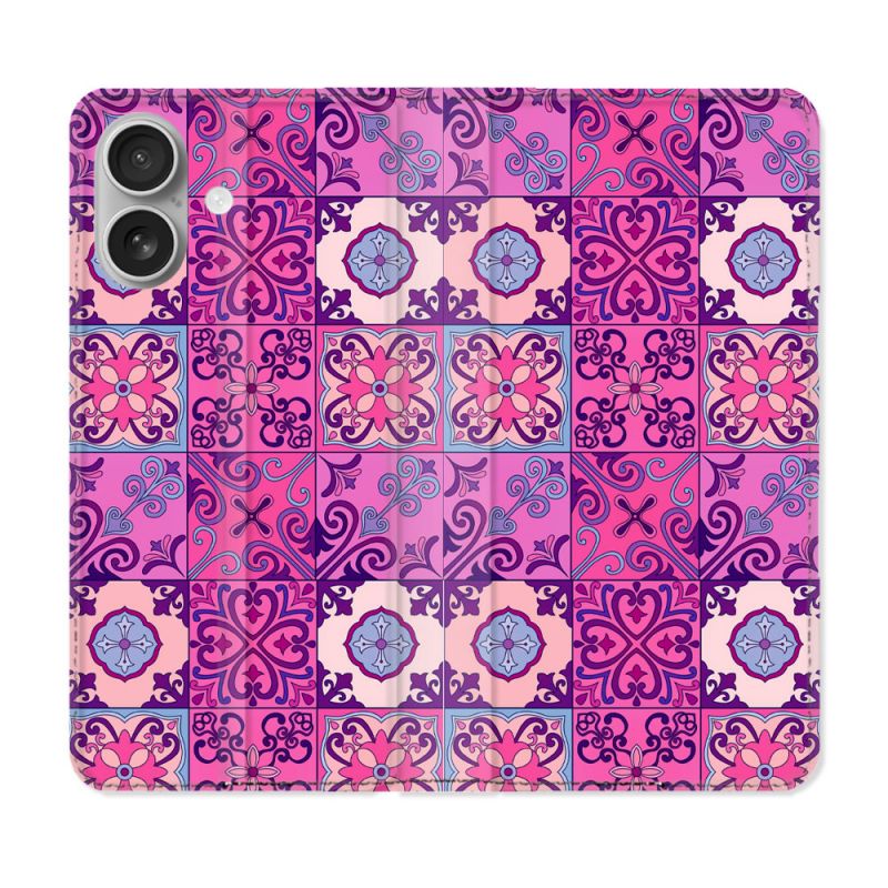Housse Cuir Portefeuille Pour Iphone 16 Texture Carreau Ciment Violet